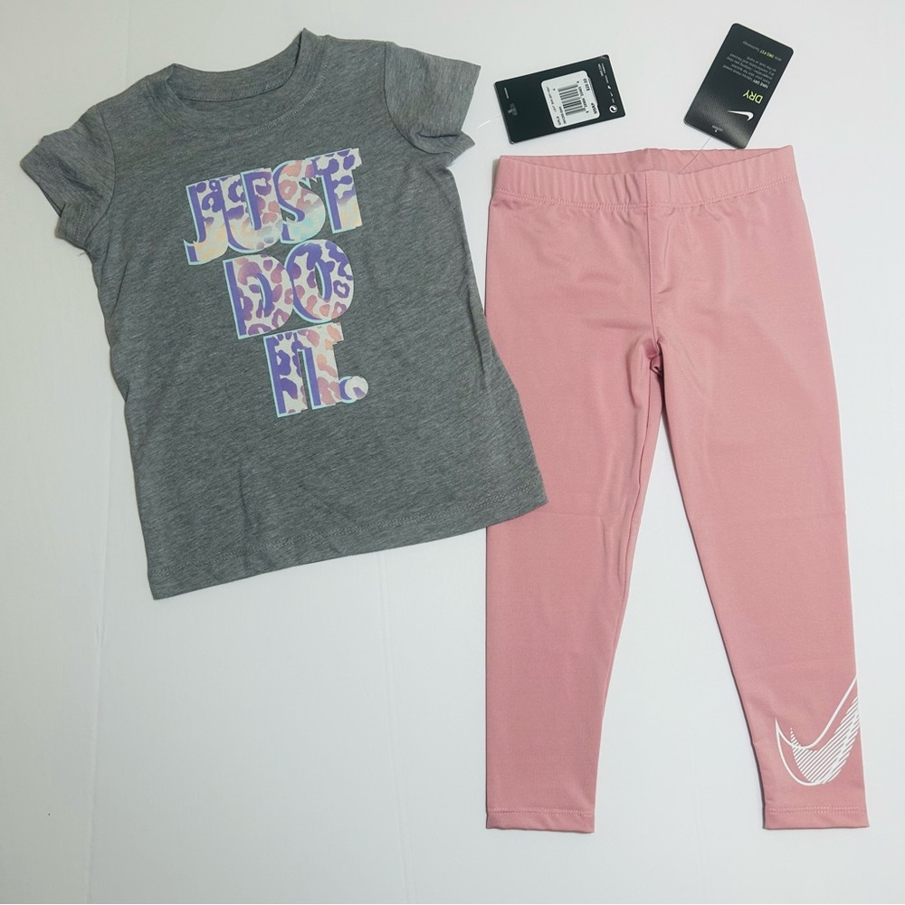 Nike Girls Spot On JDI Tee Shirt & Dri-Fit Leggings Set Outfit Pink Grey Sz 4